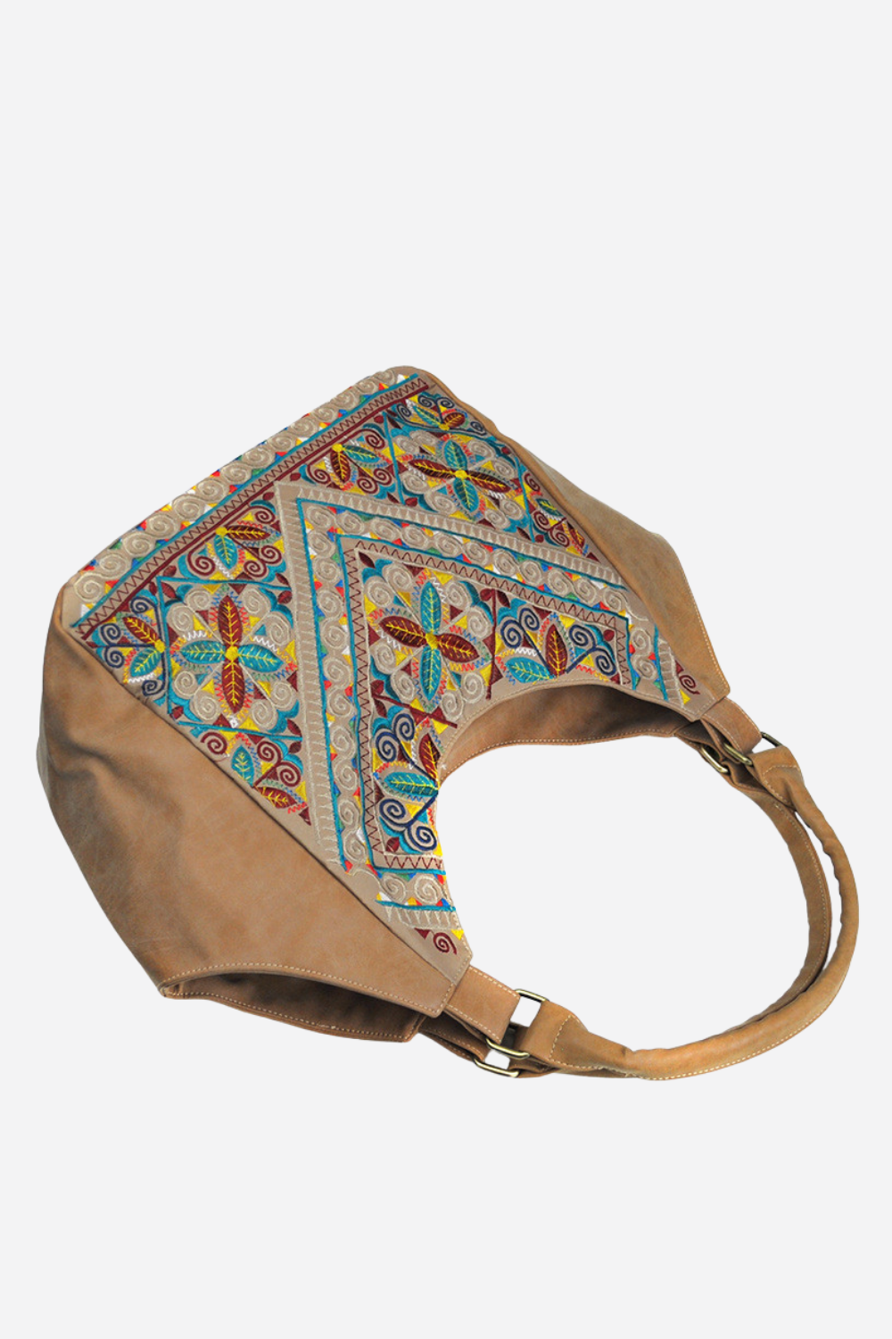 Beige bag with colorful floral embroidery on a white background