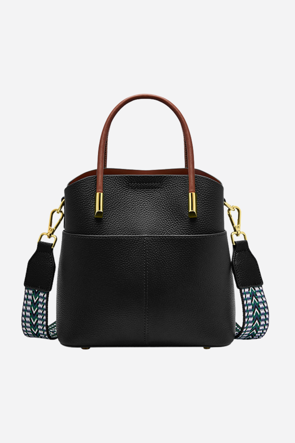 Black handbag with brown handles and a patterned strap on a white background