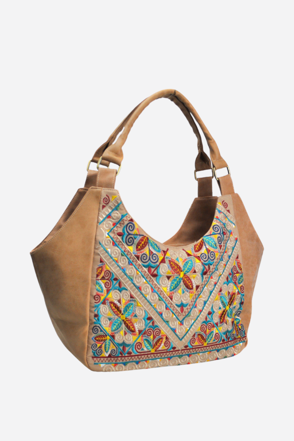 Brown handbag with colorful floral pattern on a white background