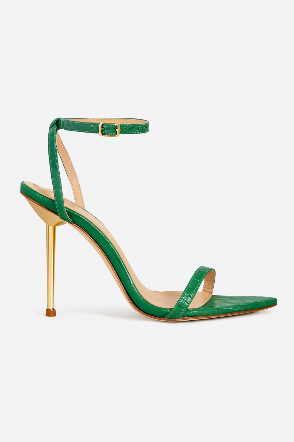 Green high-heeled sandal with a thin strap on a white background