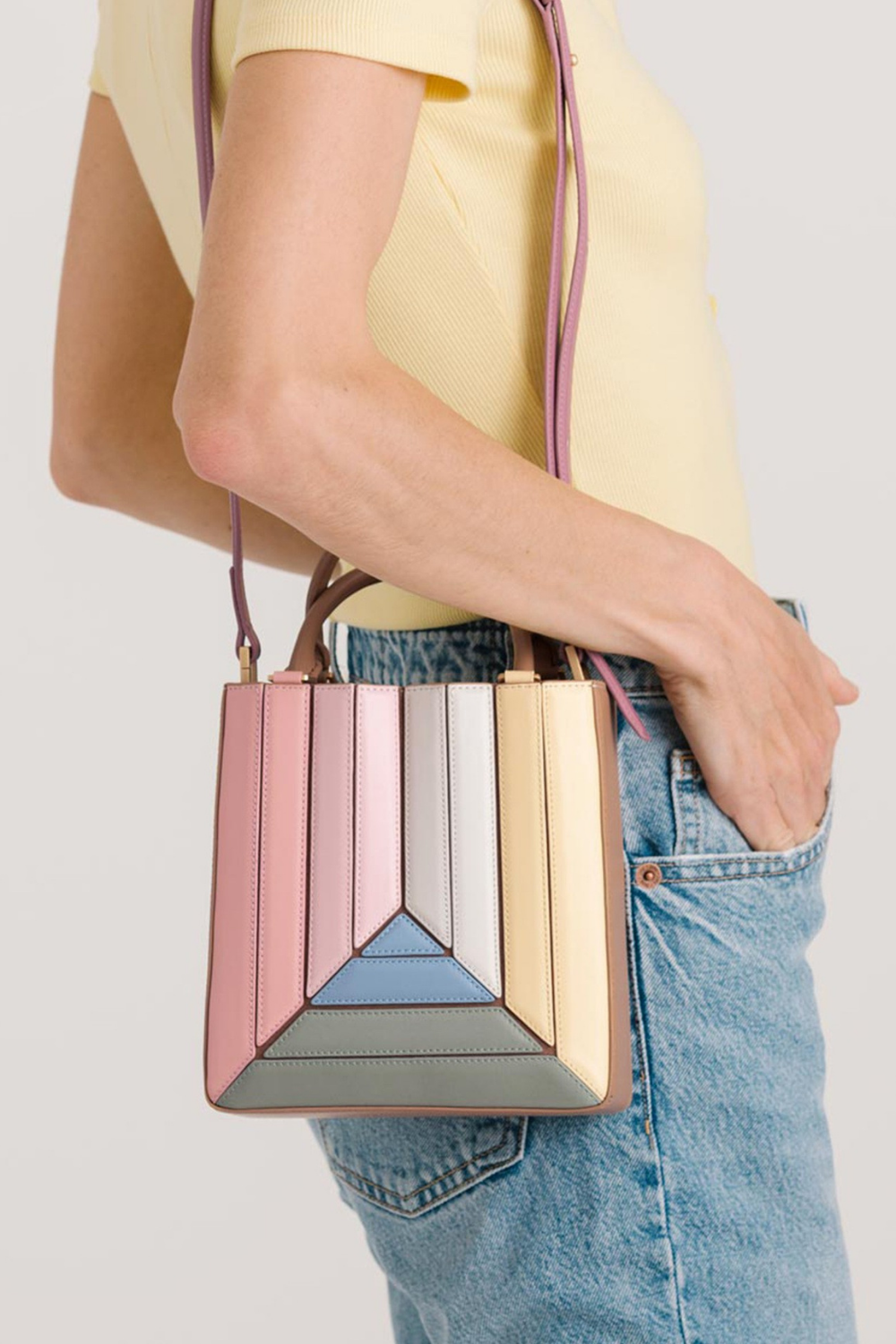 Geometric Pleated Mini Tote Bag - Convertible Crossbody Handbag