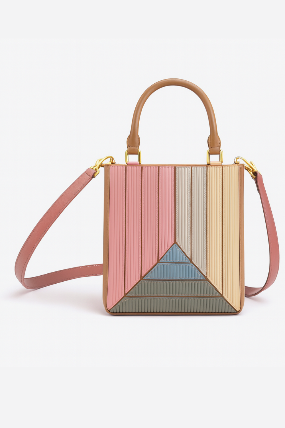 Geometric Pleated Mini Tote Bag - Convertible Crossbody Handbag