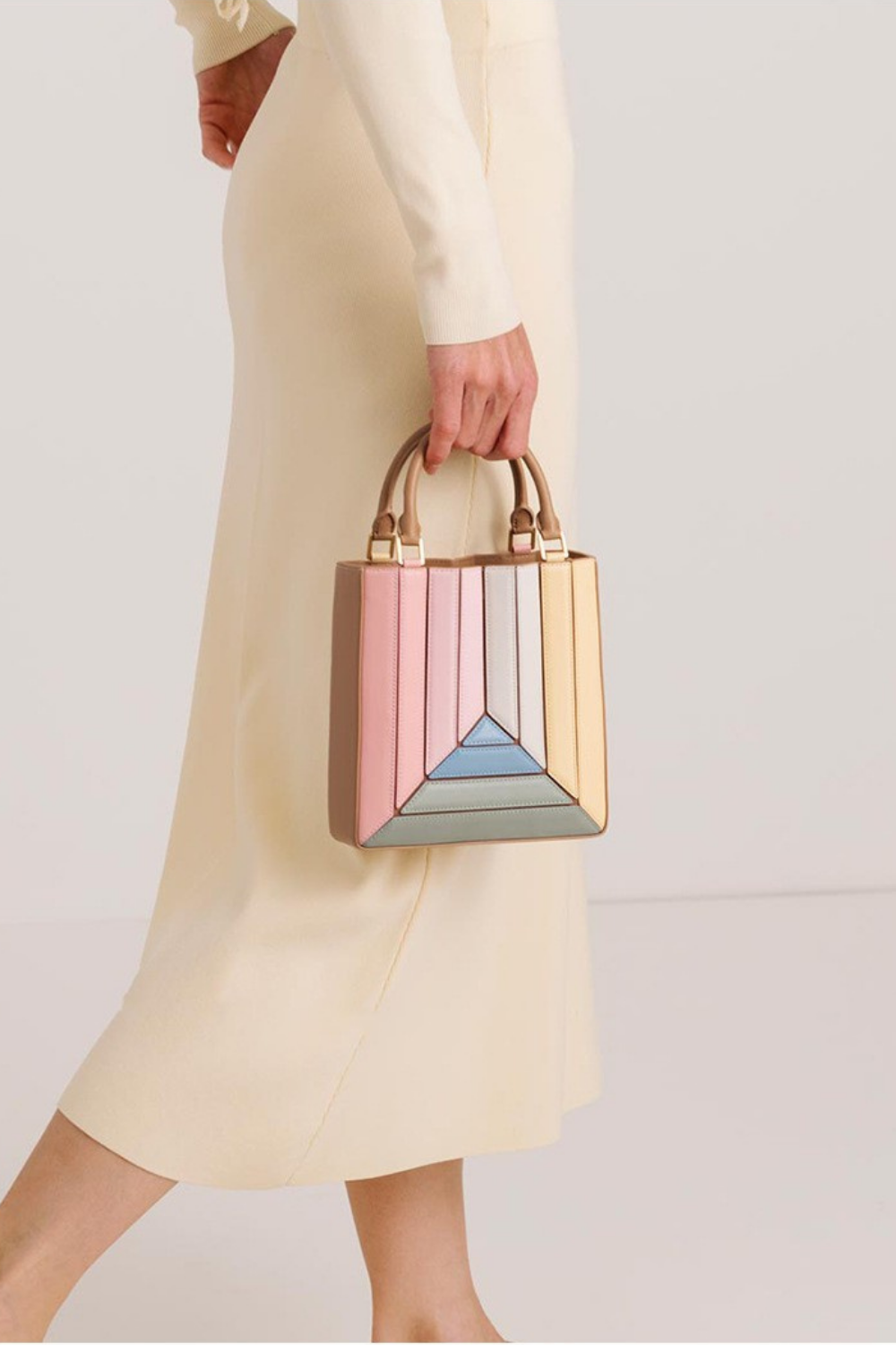 Geometric Pleated Mini Tote Bag - Convertible Crossbody Handbag