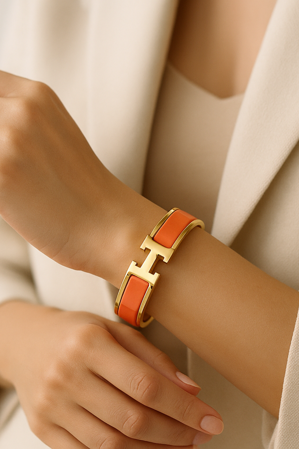Orange bracelet with gold clasp on a wrist against a neutral background