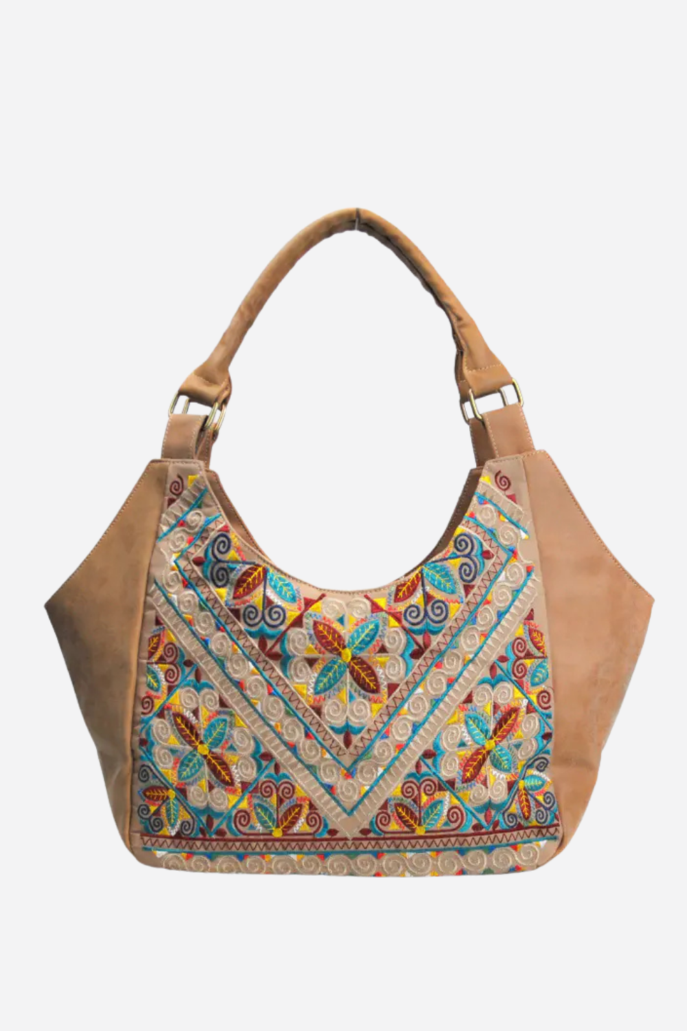 Brown handbag with colorful floral pattern on a white background
