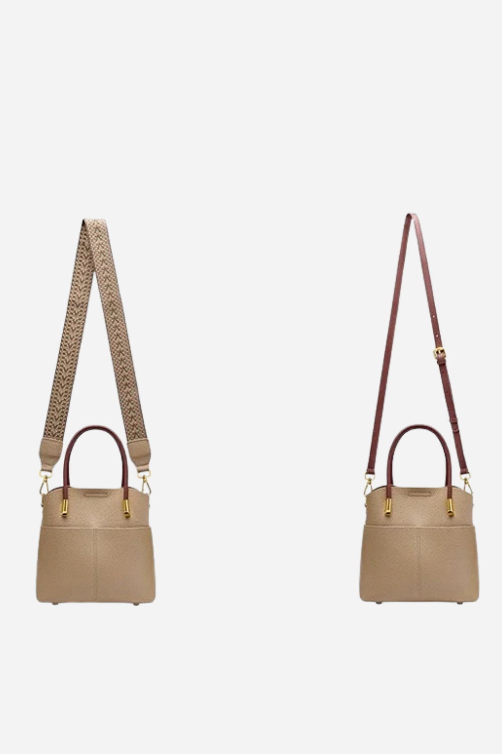 Two beige handbags with different strap colors on a white background