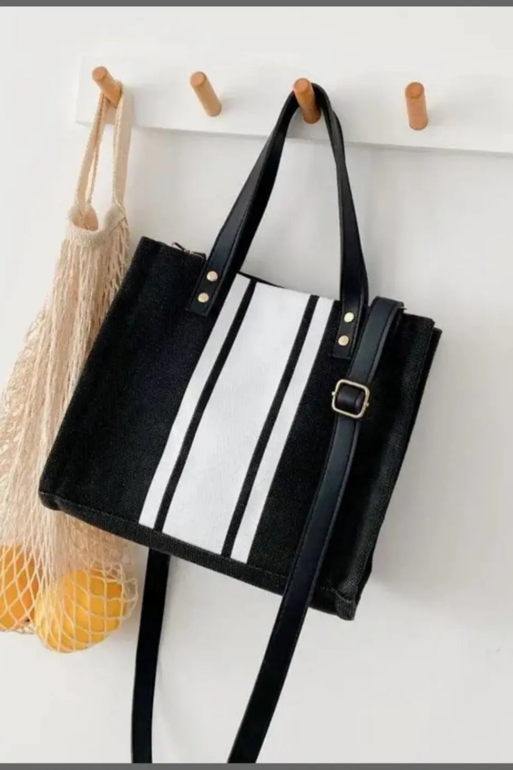 Premium Canvas Striped Tote Bag - Magnetic Closure, Metal Feet, Convertible Shoulder Bag