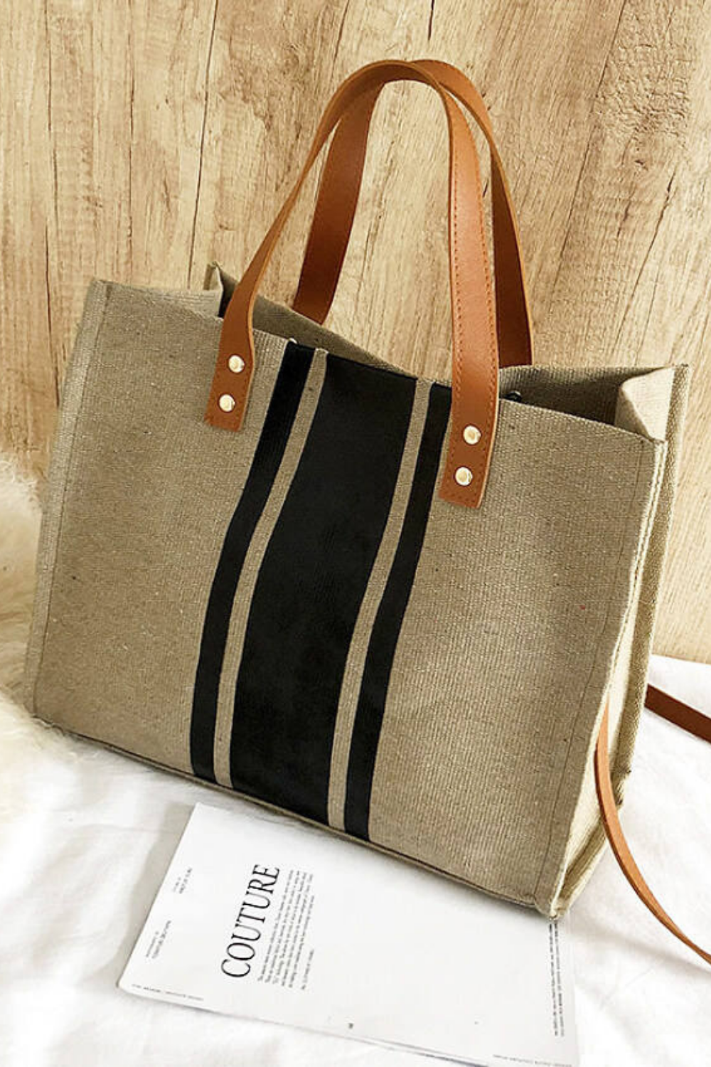 Premium Canvas Striped Tote Bag - Magnetic Closure, Metal Feet, Convertible Shoulder Bag