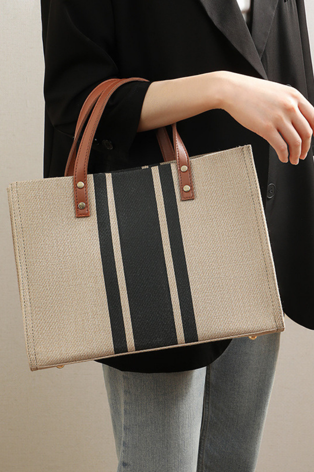 Premium Canvas Striped Tote Bag - Magnetic Closure, Metal Feet, Convertible Shoulder Bag