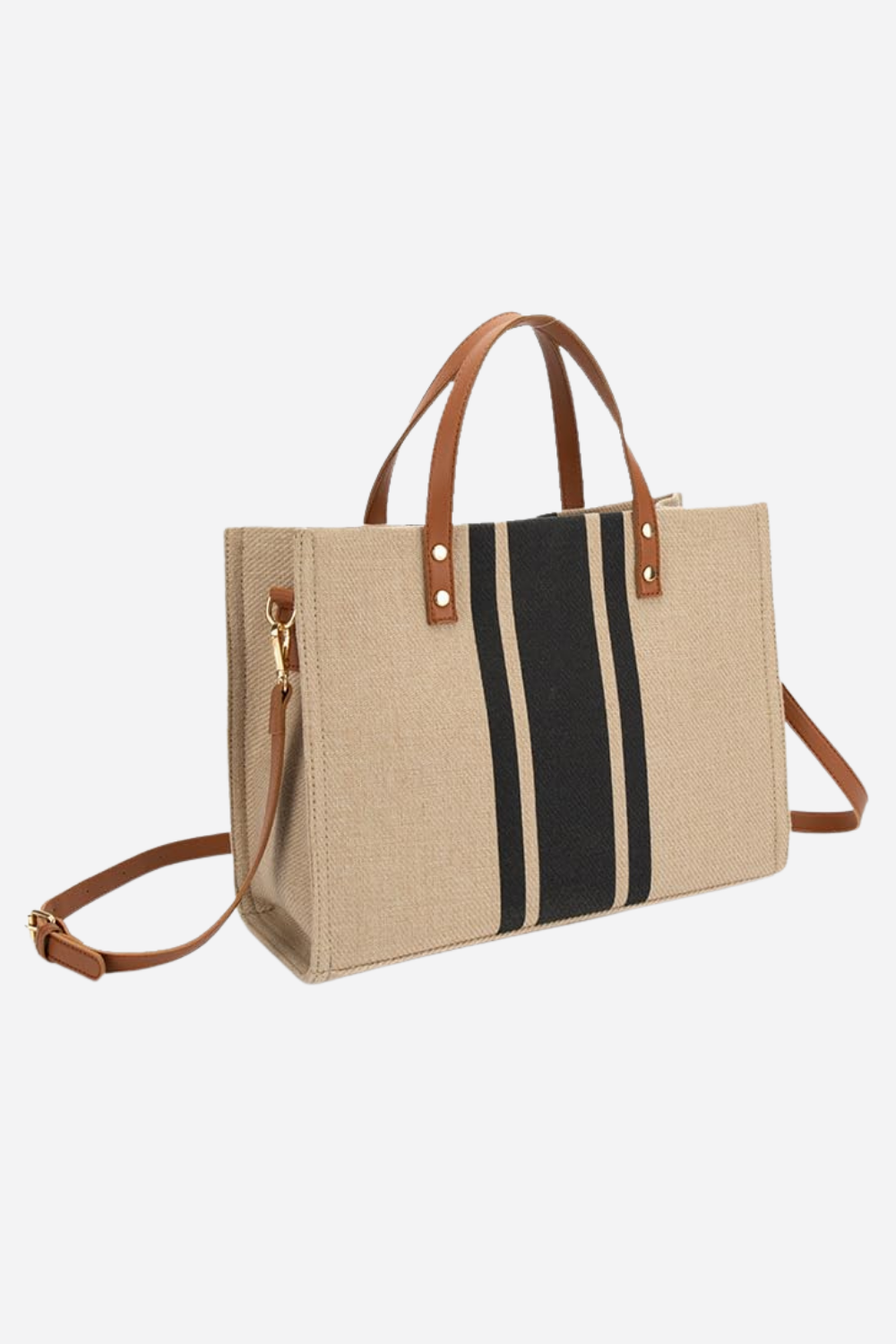 Premium Canvas Striped Tote Bag - Magnetic Closure, Metal Feet, Convertible Shoulder Bag