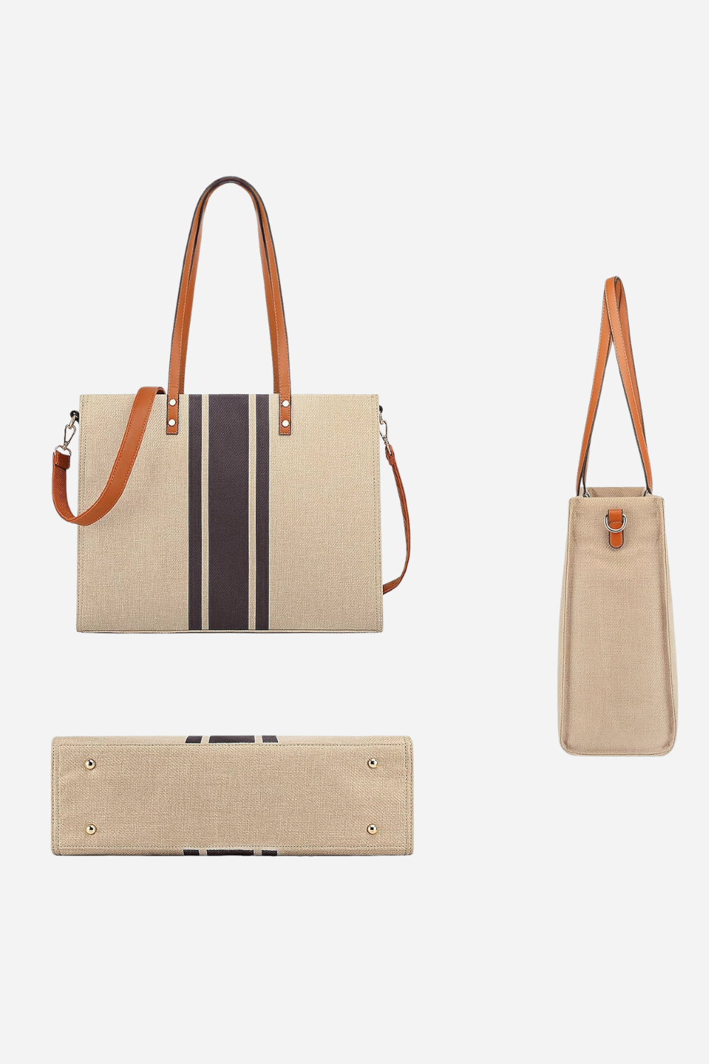 Premium Canvas Striped Tote Bag - Magnetic Closure, Metal Feet, Convertible Shoulder Bag