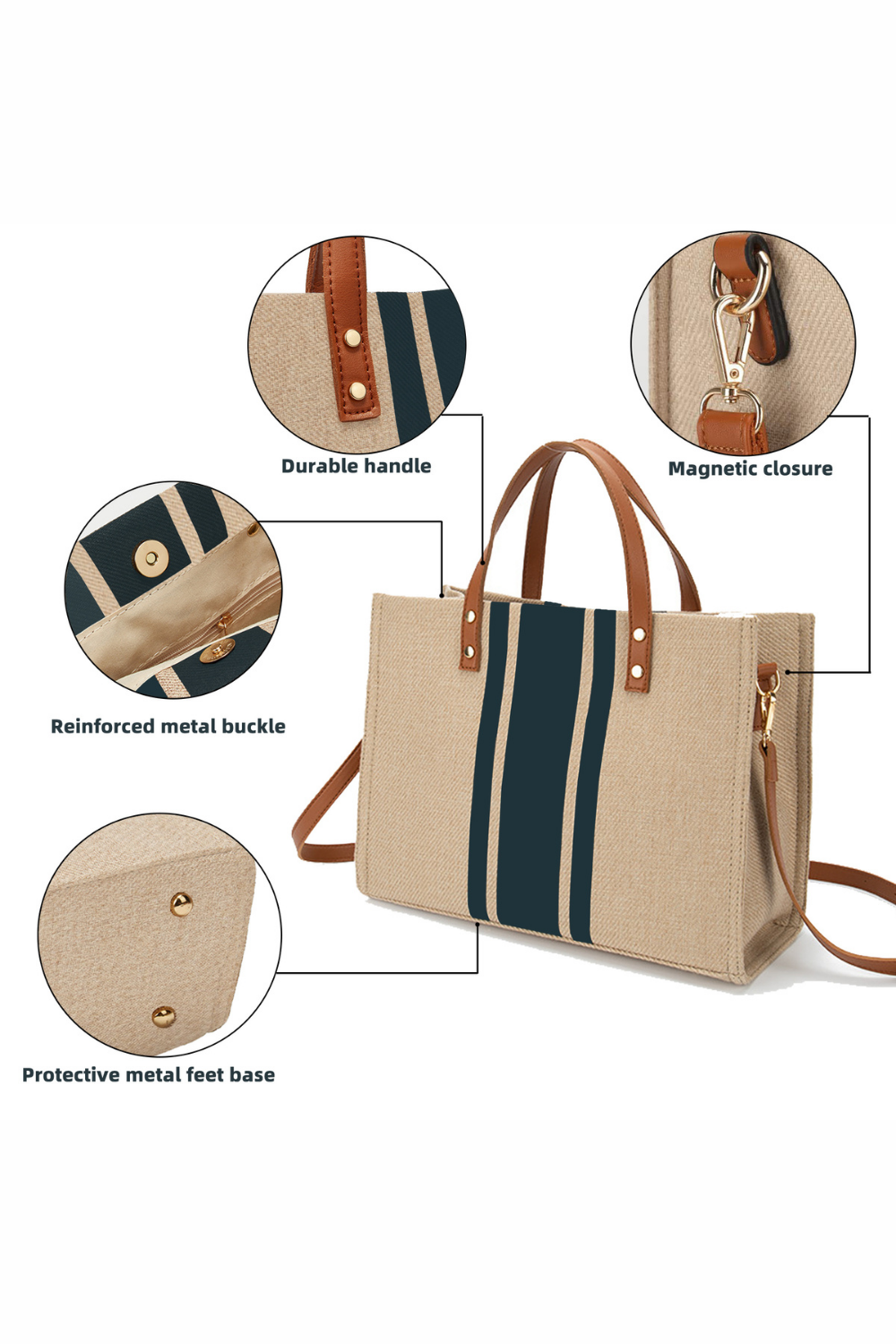 Premium Canvas Striped Tote Bag - Magnetic Closure, Metal Feet, Convertible Shoulder Bag