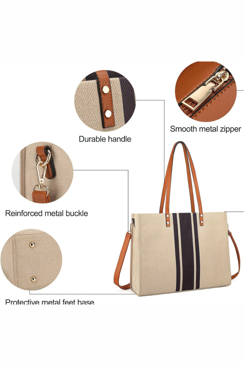 Premium Canvas Striped Tote Bag - Magnetic Closure, Metal Feet, Convertible Shoulder Bag
