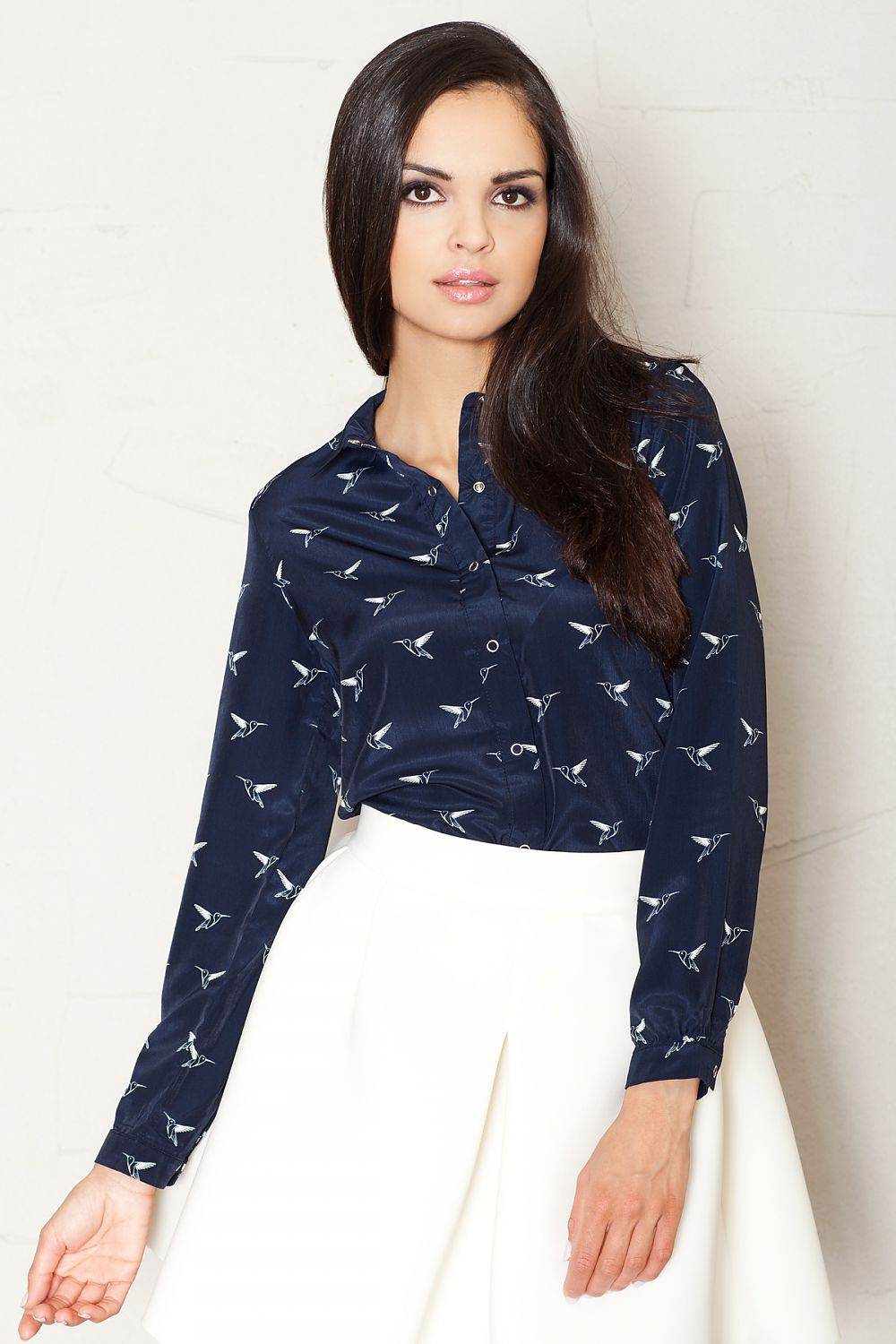 Elegant Loose Fit Long Sleeve Shirt with Birds Pattern - INDIEZ COUTURE