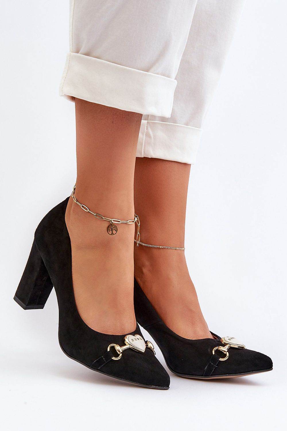 Elegant Suede Block Heel Pumps with Heart Accent - INDIEZ COUTURE