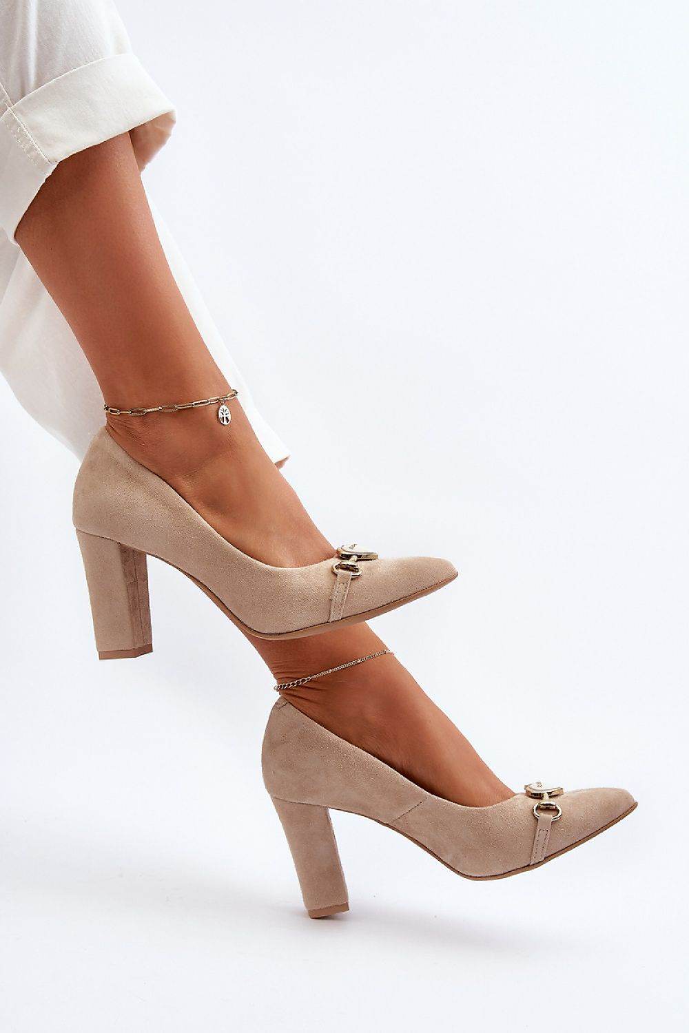 Elegant Suede Block Heel Pumps with Heart Accent - INDIEZ COUTURE