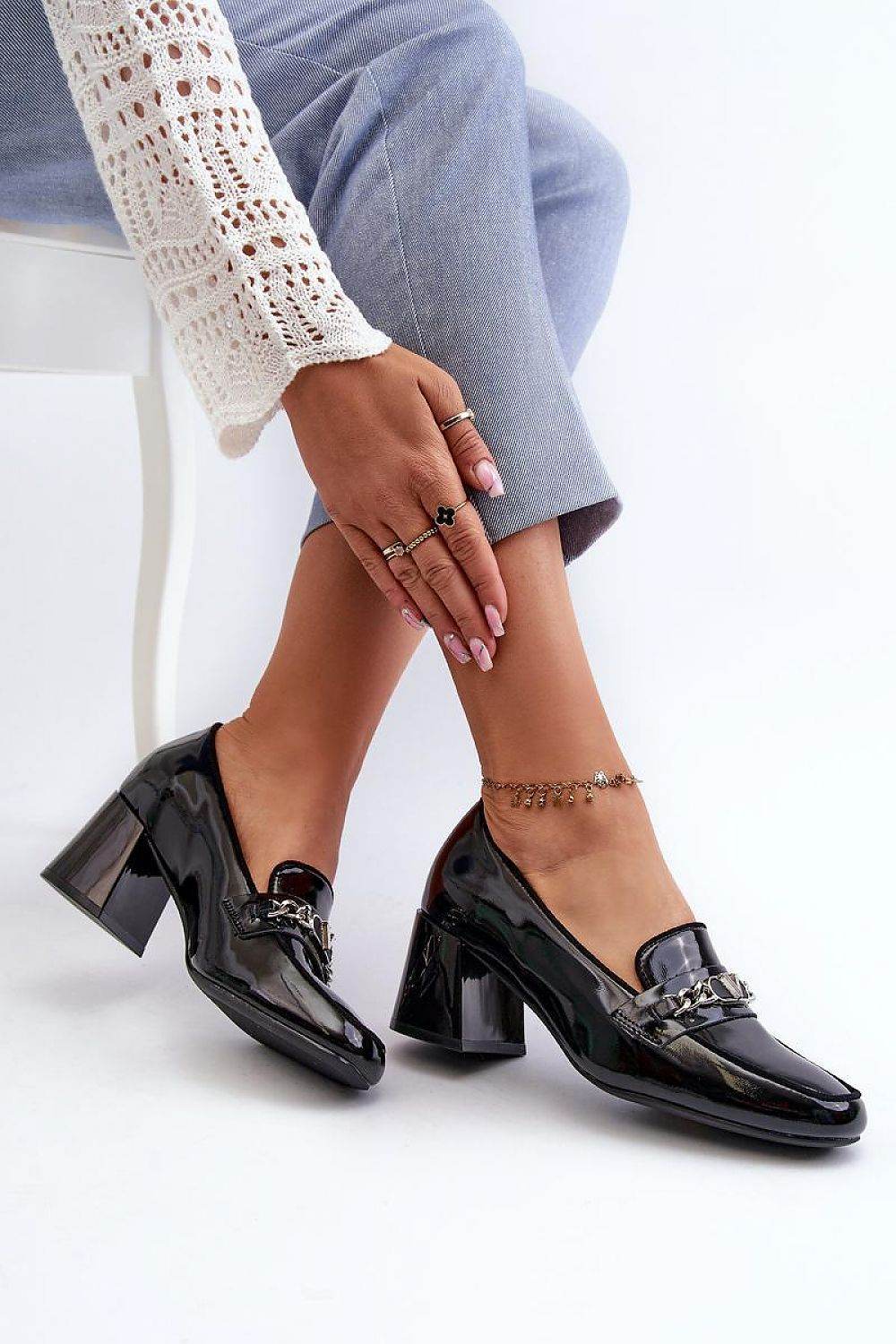 Block Heel Leather Pumps with Strap Decoration - INDIEZ COUTURE
