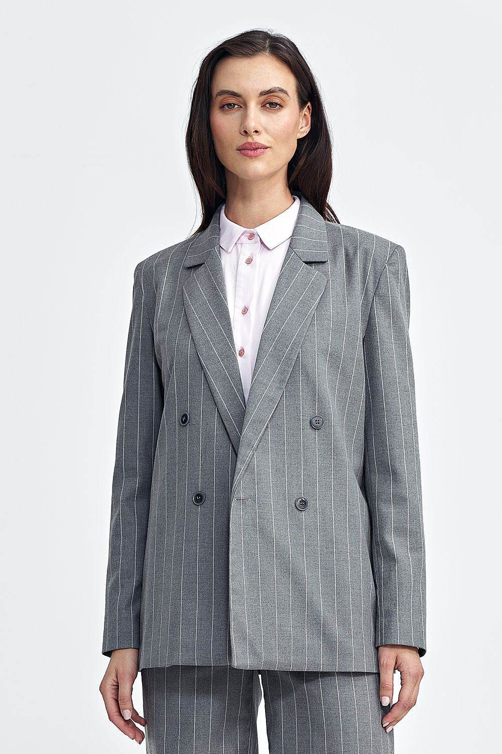 Oversized Blazer with Striped Fabric and Shoulder Pads - INDIEZ COUTURE