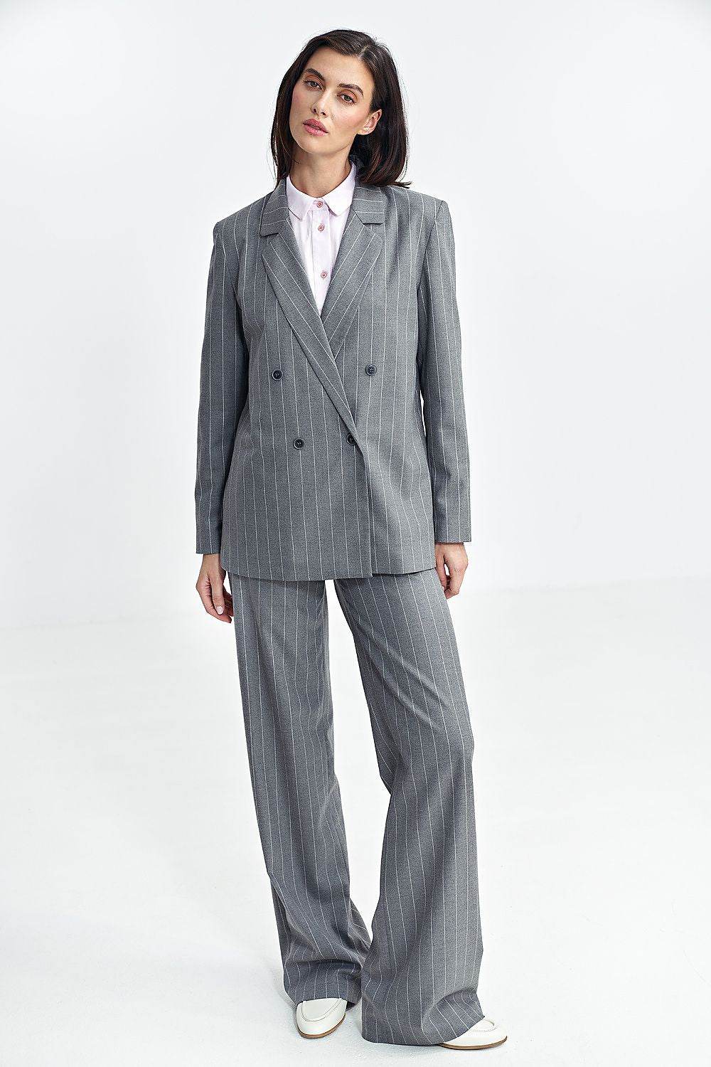 Oversized Blazer with Striped Fabric and Shoulder Pads - INDIEZ COUTURE
