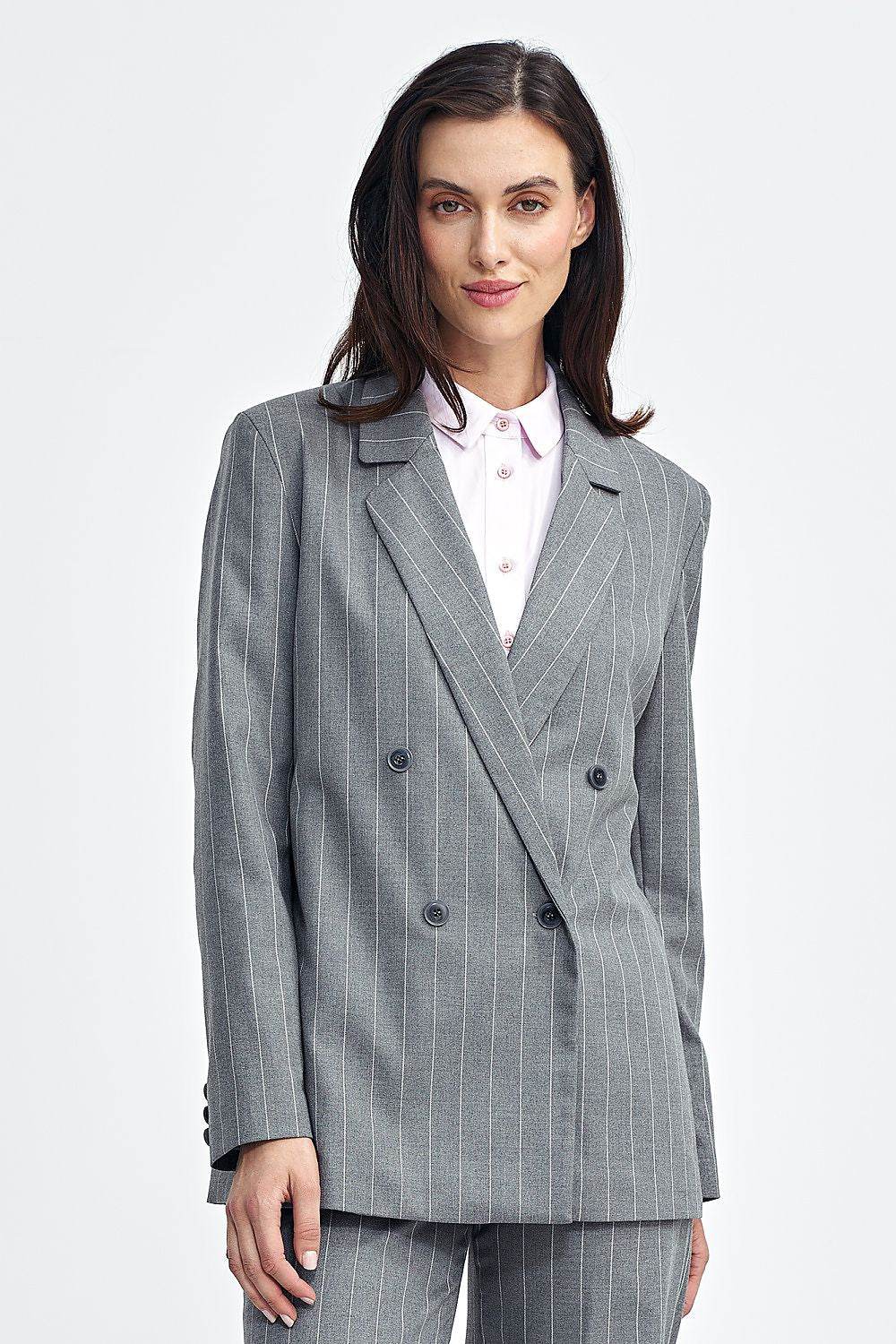 Oversized Blazer with Striped Fabric and Shoulder Pads - INDIEZ COUTURE