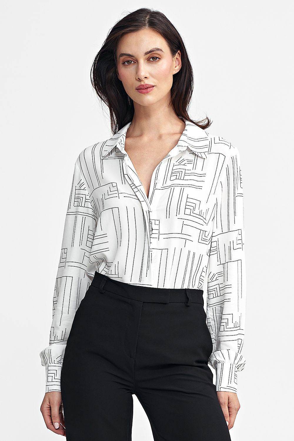 Women's Regular-Fit Long Sleeve Shirt in High-Quality Viscose with Minimalist Geometric Pattern - INDIEZ COUTURE