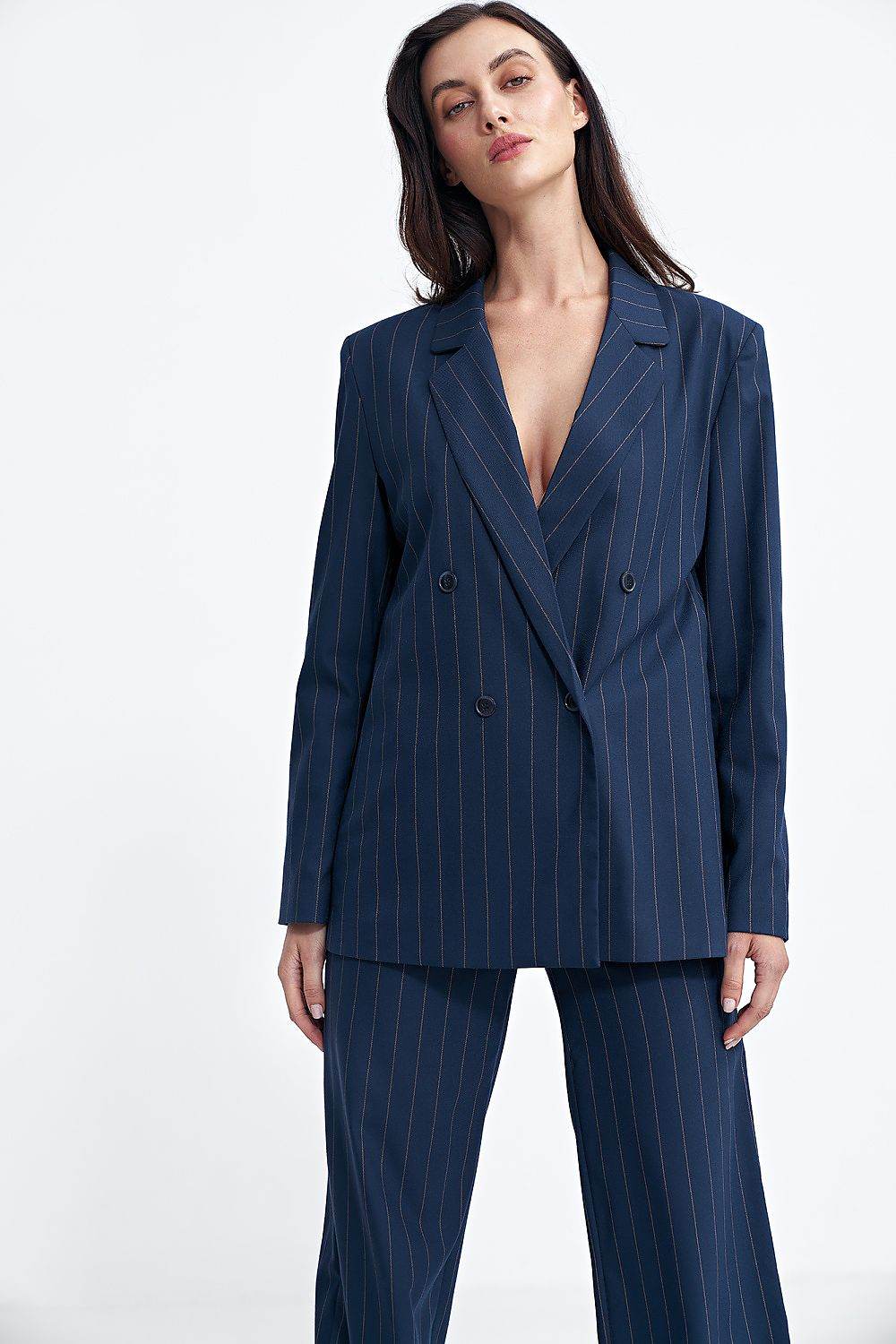 Oversized Blazer with Striped Fabric and Shoulder Pads - INDIEZ COUTURE