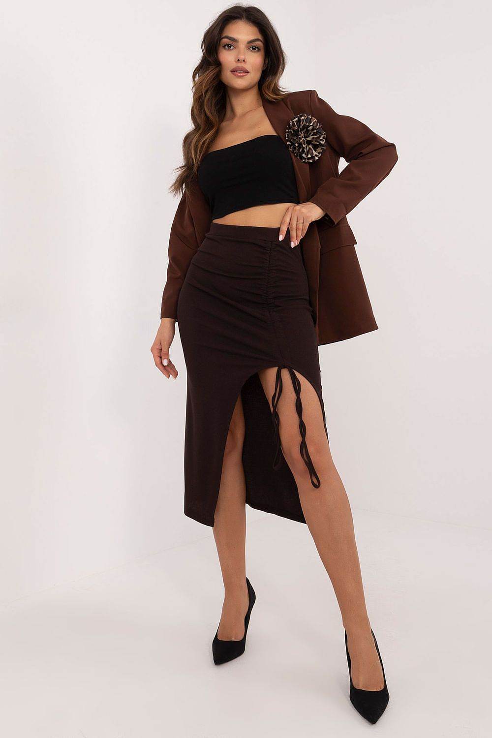 Elegant Ribbed Midi Skirt with Adjustable Slit - INDIEZ COUTURE