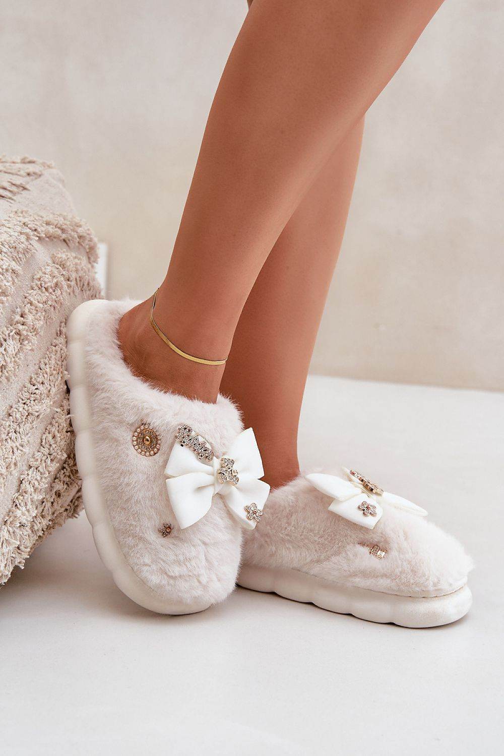 Charming Furry Slippers with Bow and Buttons - INDIEZ COUTURE
