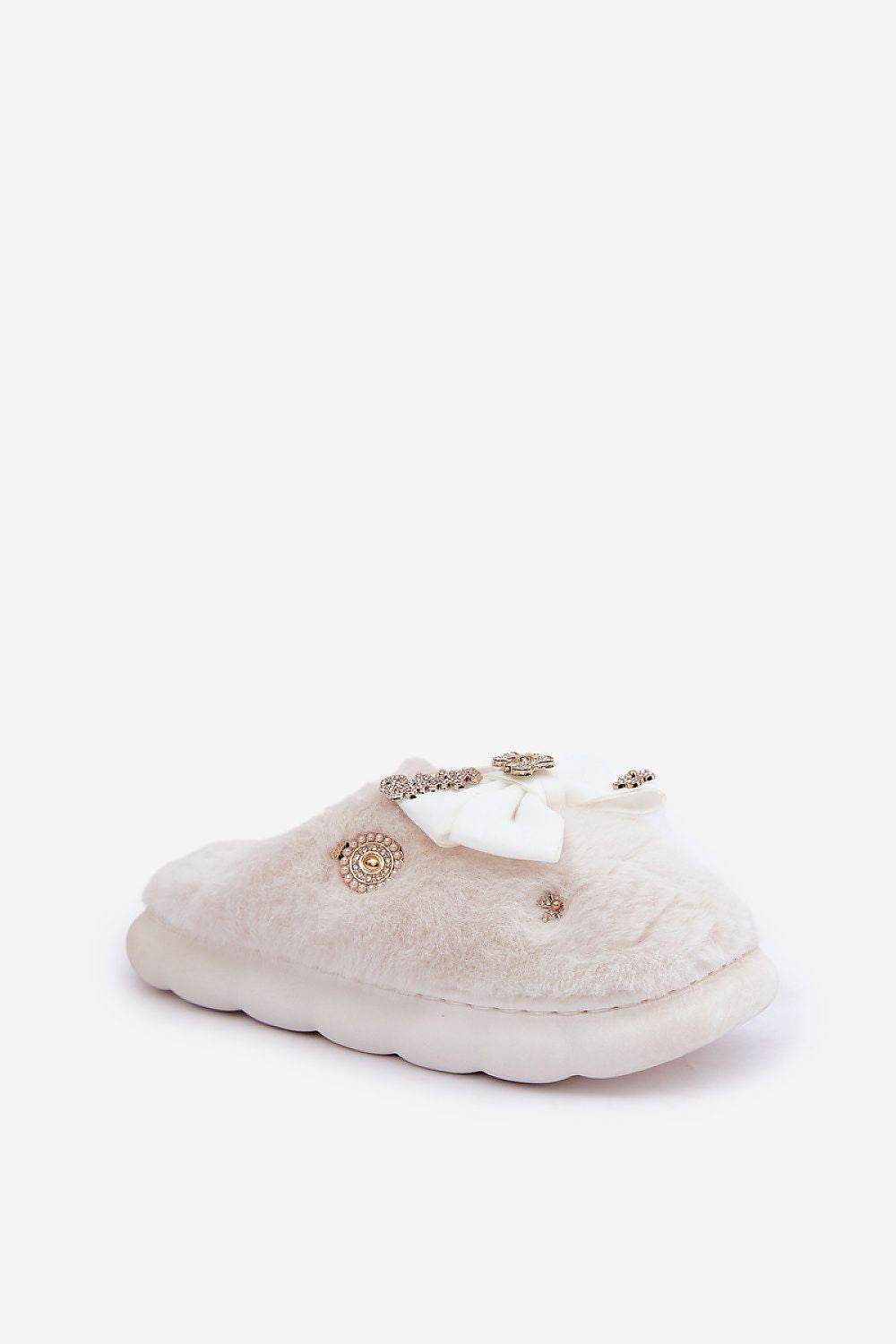 Charming Furry Slippers with Bow and Buttons - INDIEZ COUTURE