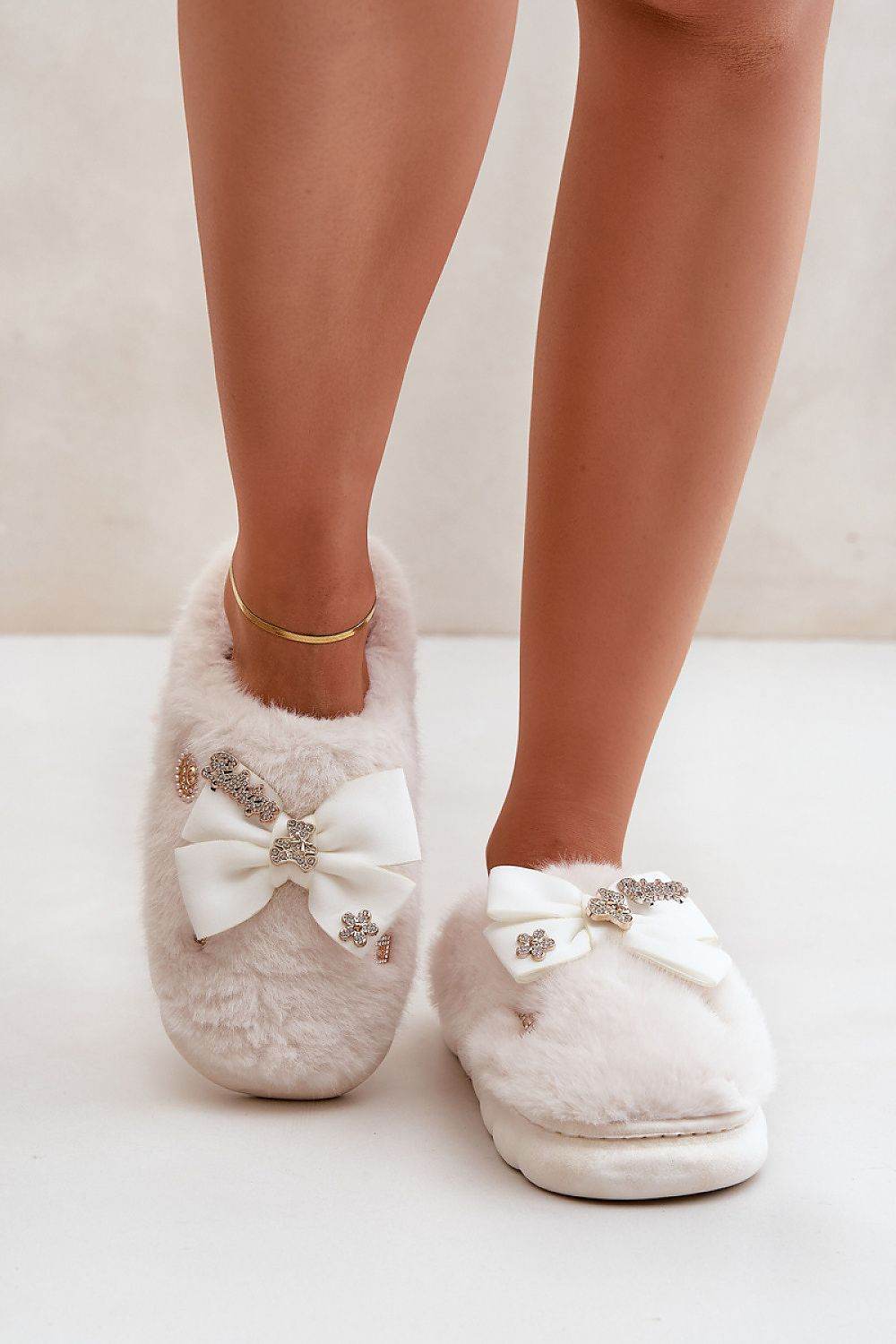 Charming Furry Slippers with Bow and Buttons - INDIEZ COUTURE
