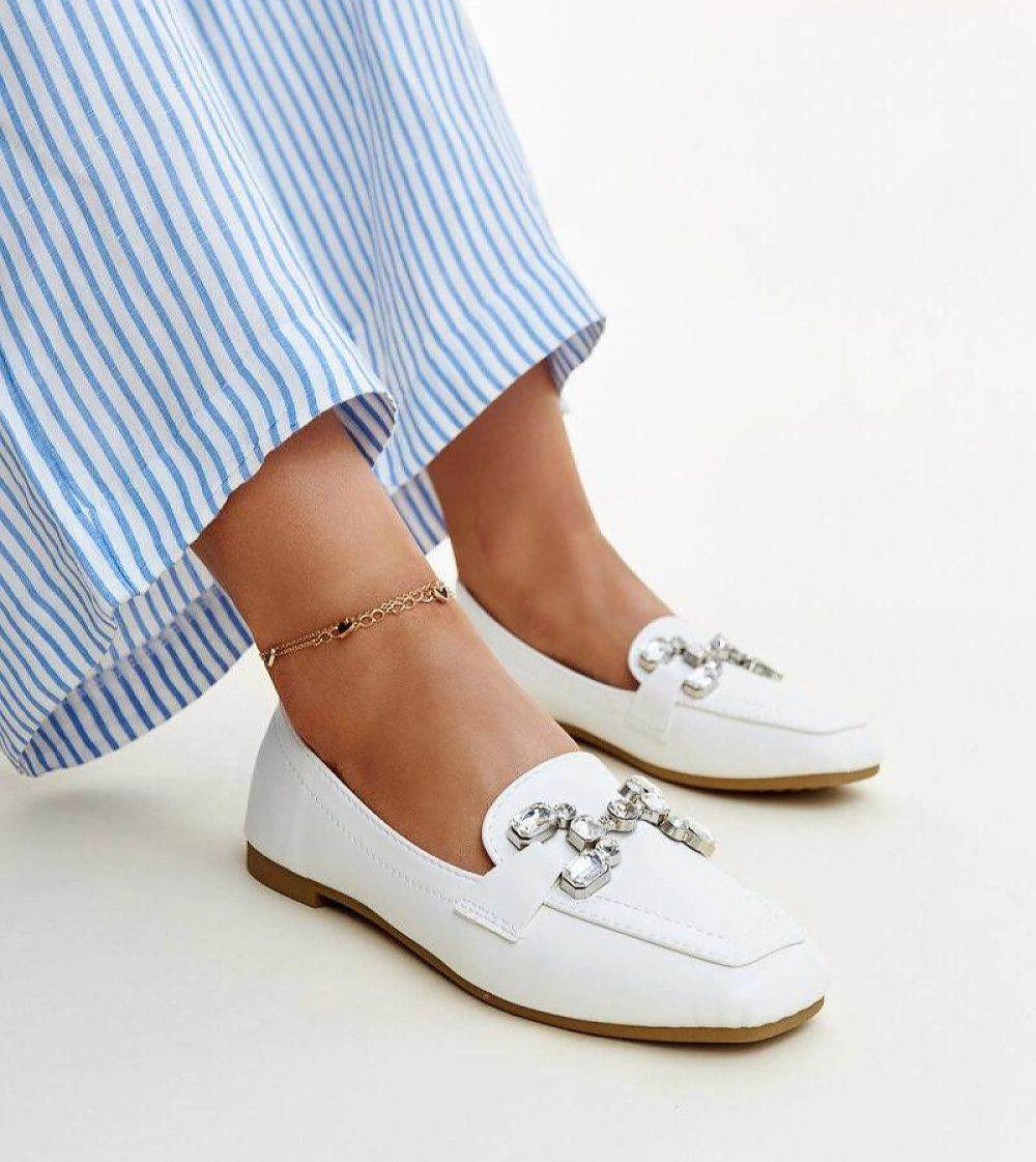 White Moccasins with Zircon Buckle Elegance - INDIEZ COUTURE