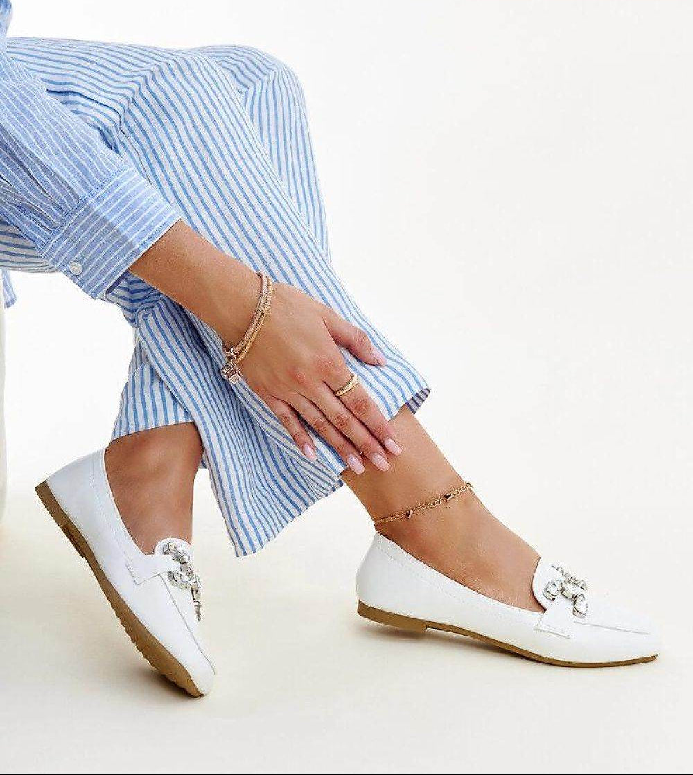 White Moccasins with Zircon Buckle Elegance - INDIEZ COUTURE