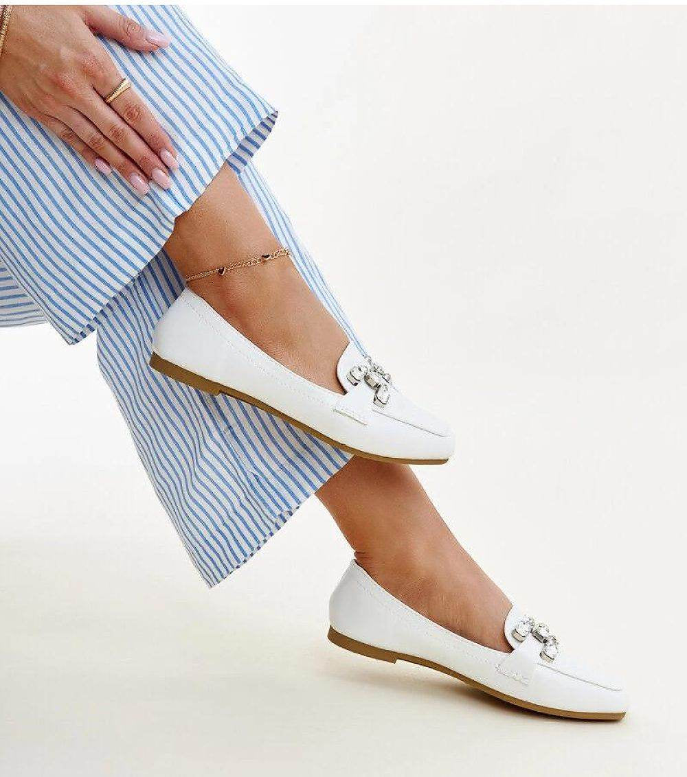 White Moccasins with Zircon Buckle Elegance - INDIEZ COUTURE