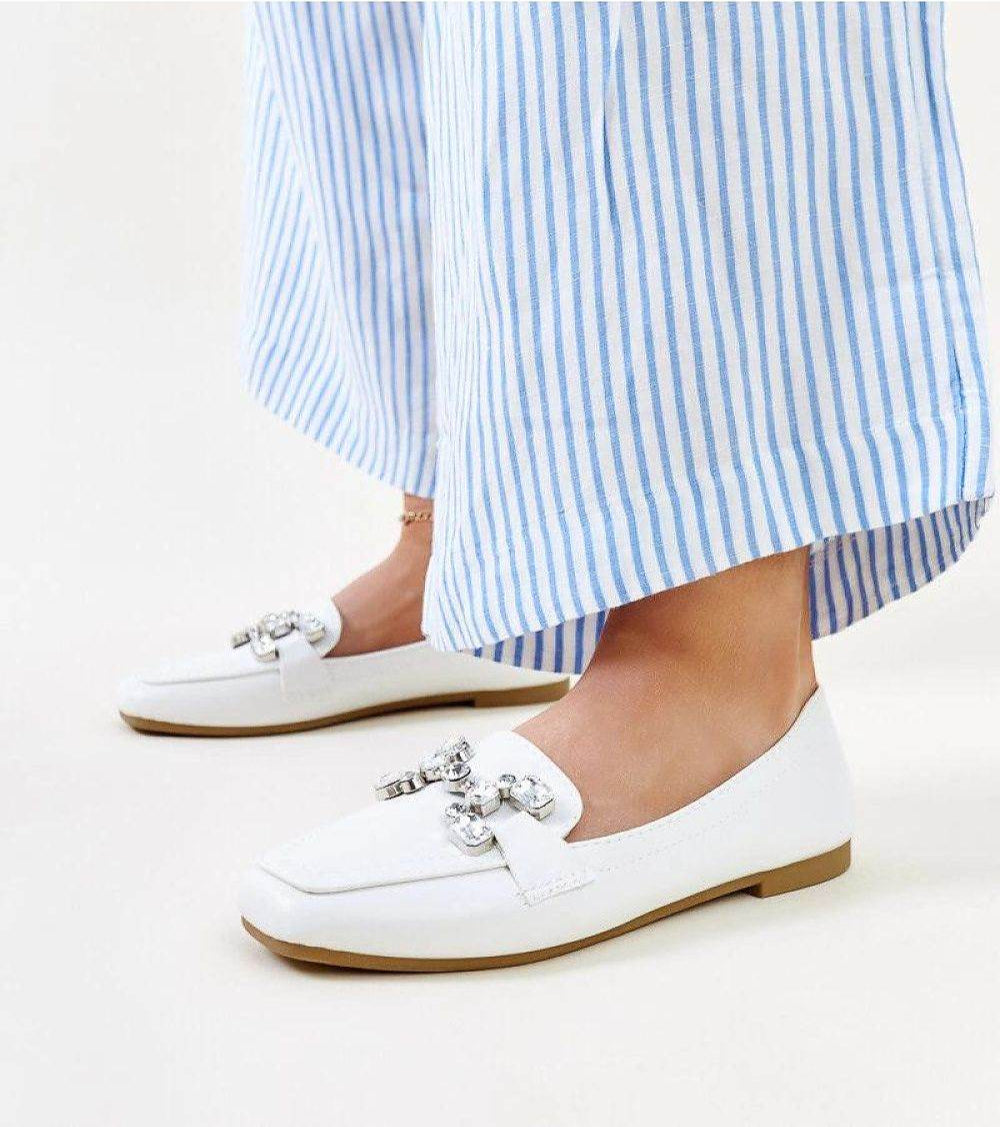 White Moccasins with Zircon Buckle Elegance - INDIEZ COUTURE