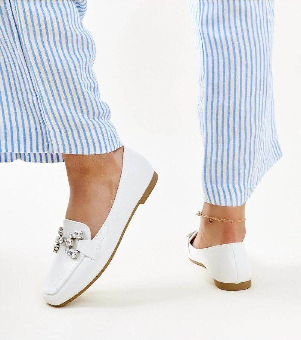 White Moccasins with Zircon Buckle Elegance - INDIEZ COUTURE