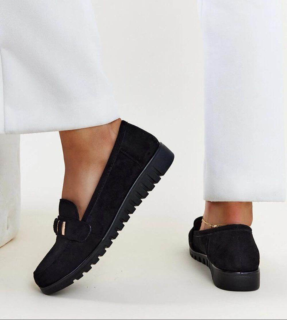 Black Slip-On Moccasins with Decorative Strap - INDIEZ COUTURE