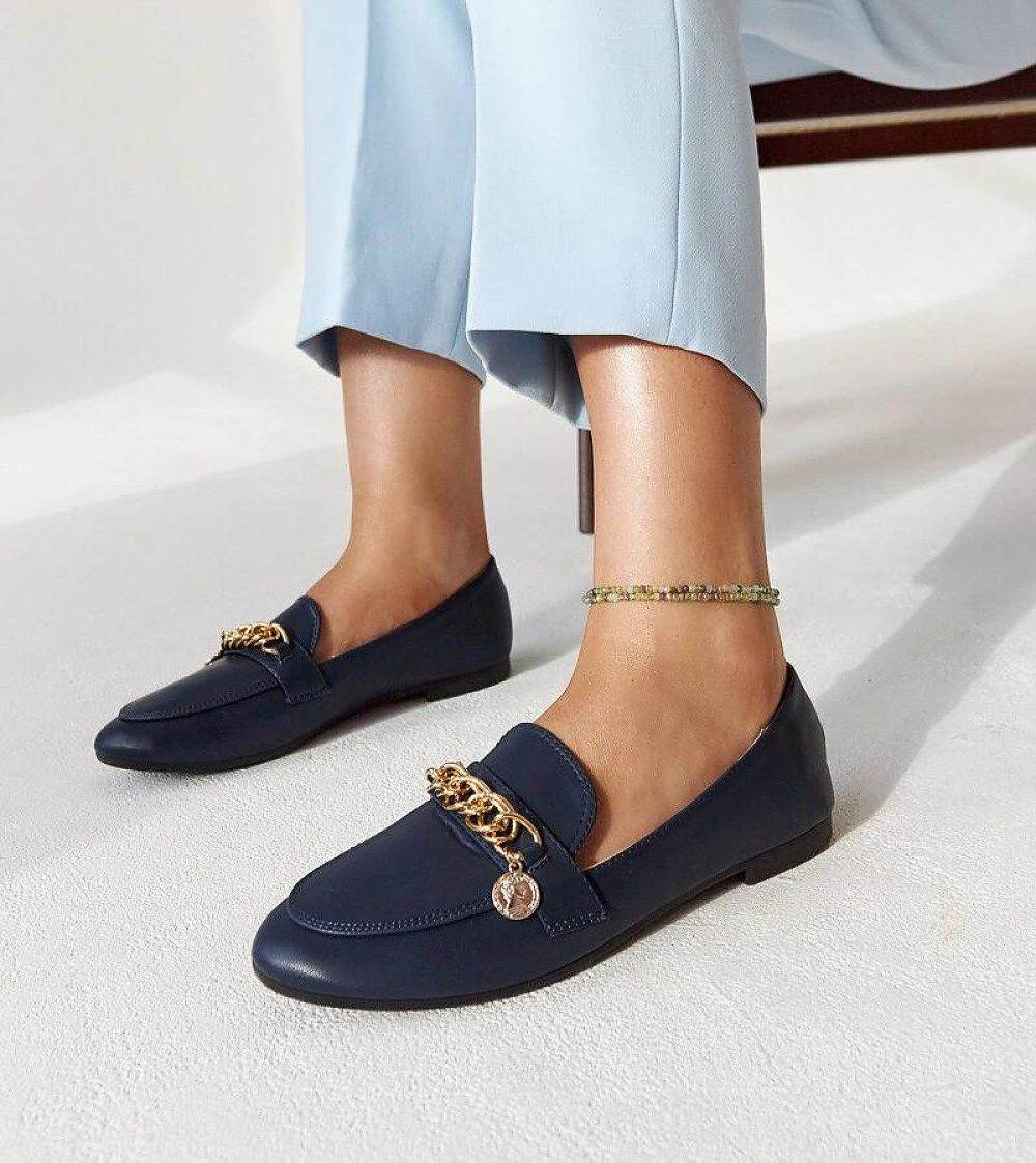 Elegant Navy Blue Moccasins with Chain Decoration - INDIEZ COUTURE