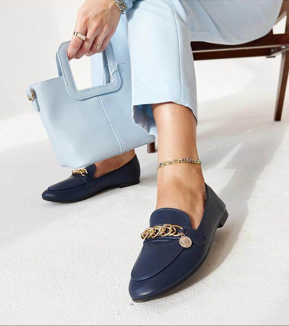 Elegant Navy Blue Moccasins with Chain Decoration - INDIEZ COUTURE