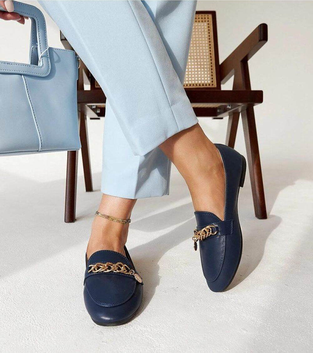 Elegant Navy Blue Moccasins with Chain Decoration - INDIEZ COUTURE