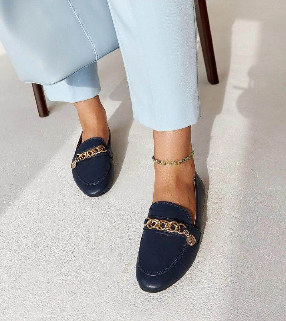 Elegant Navy Blue Moccasins with Chain Decoration - INDIEZ COUTURE