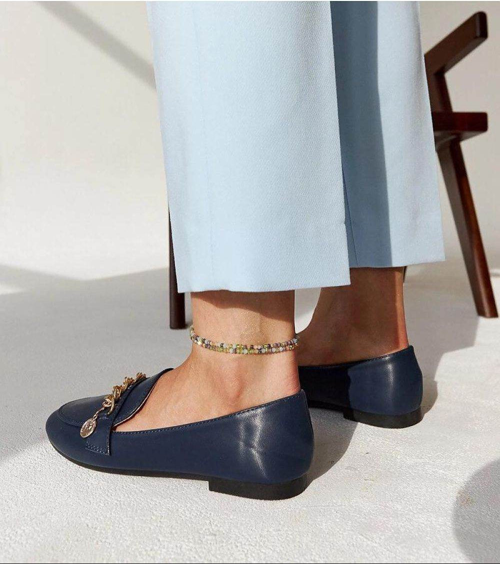 Elegant Navy Blue Moccasins with Chain Decoration - INDIEZ COUTURE
