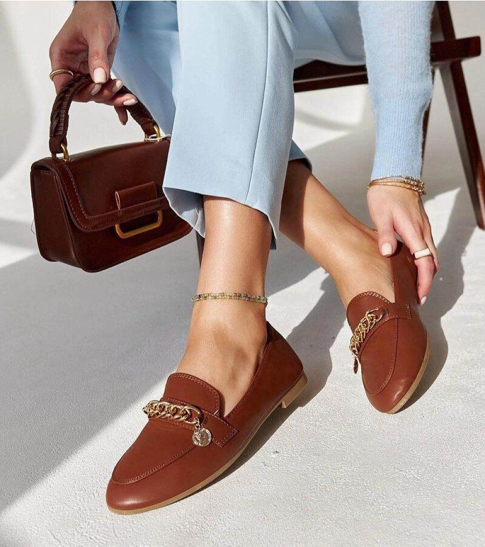 Elegant Navy Blue Moccasins with Chain Decoration - INDIEZ COUTURE