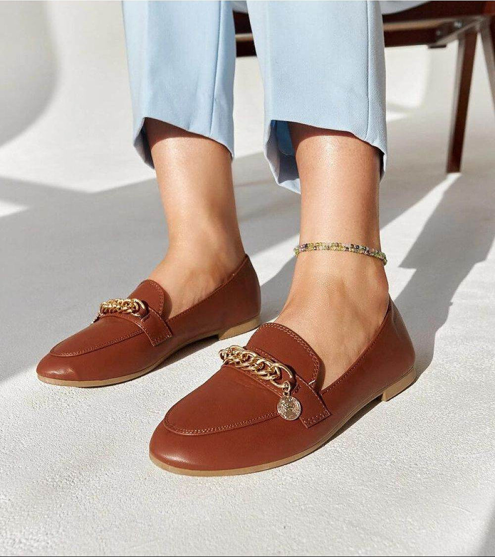 Elegant Navy Blue Moccasins with Chain Decoration - INDIEZ COUTURE