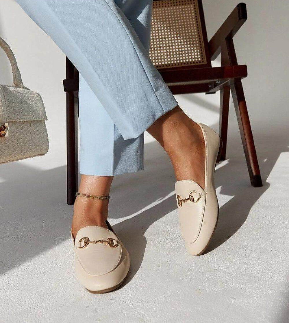 Beige Eco-Leather Loafers with Elegant Buckle - INDIEZ COUTURE