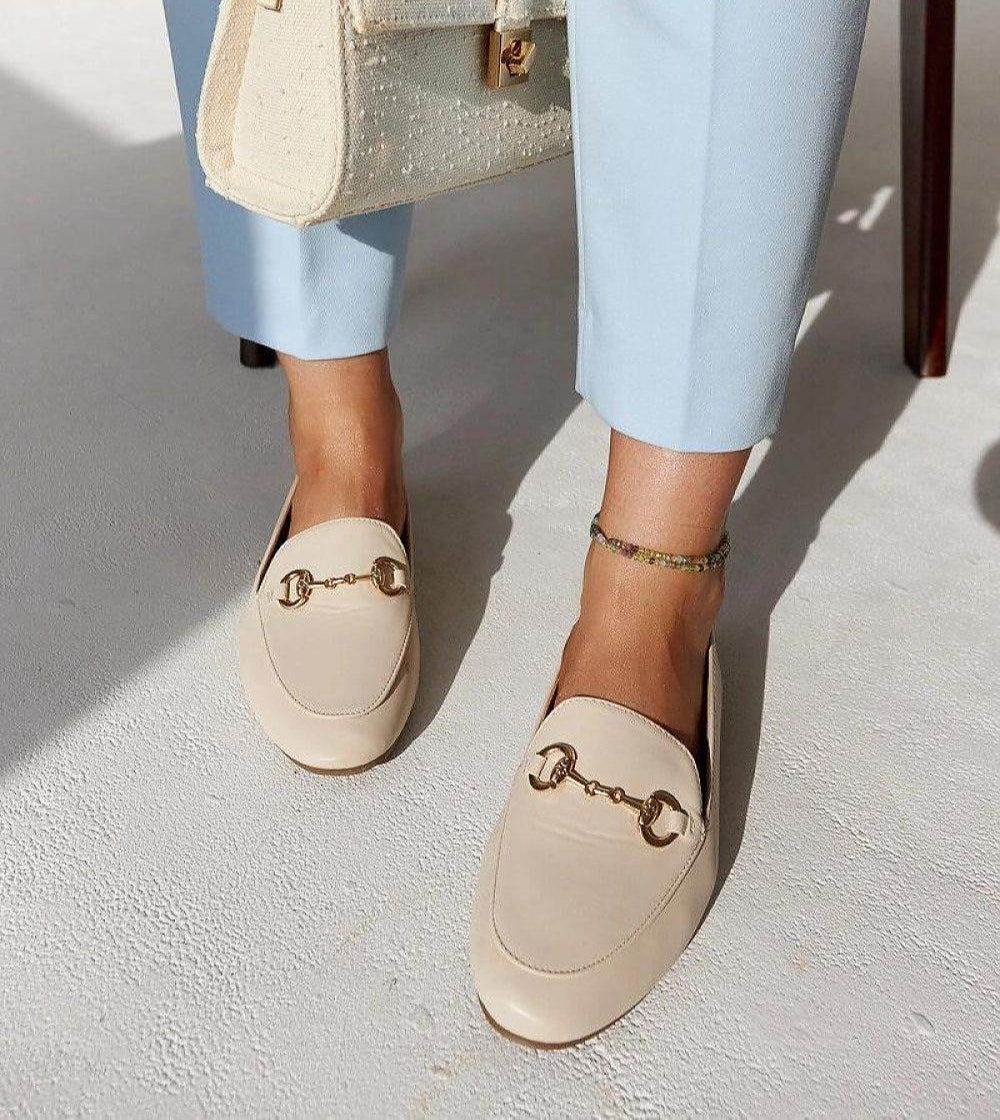 Beige Eco-Leather Loafers with Elegant Buckle - INDIEZ COUTURE