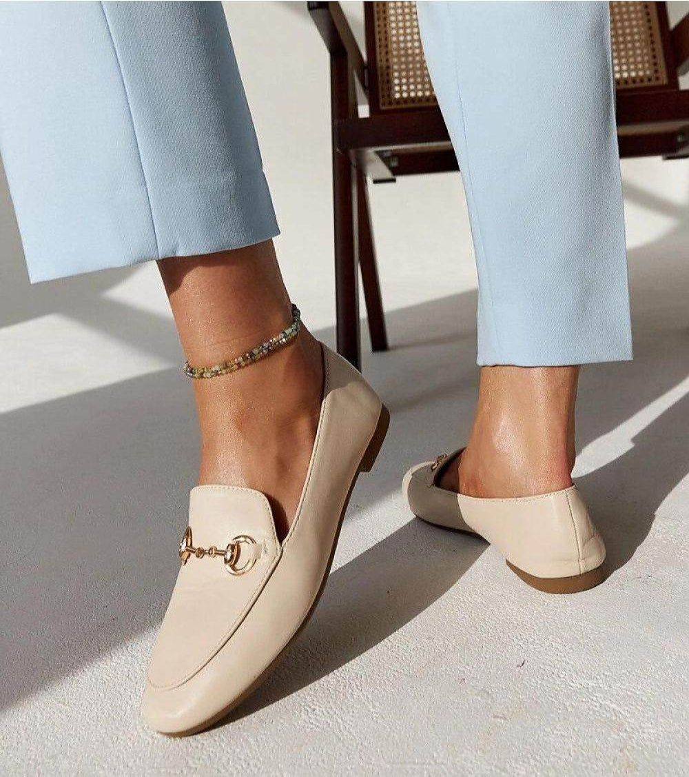 Beige Eco-Leather Loafers with Elegant Buckle - INDIEZ COUTURE