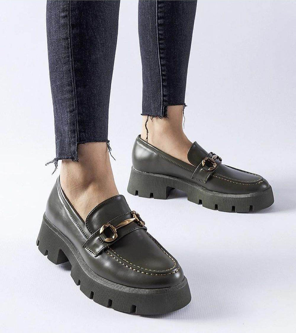 Green Eco-Leather Moccasins with Decorative Buckle - INDIEZ COUTURE
