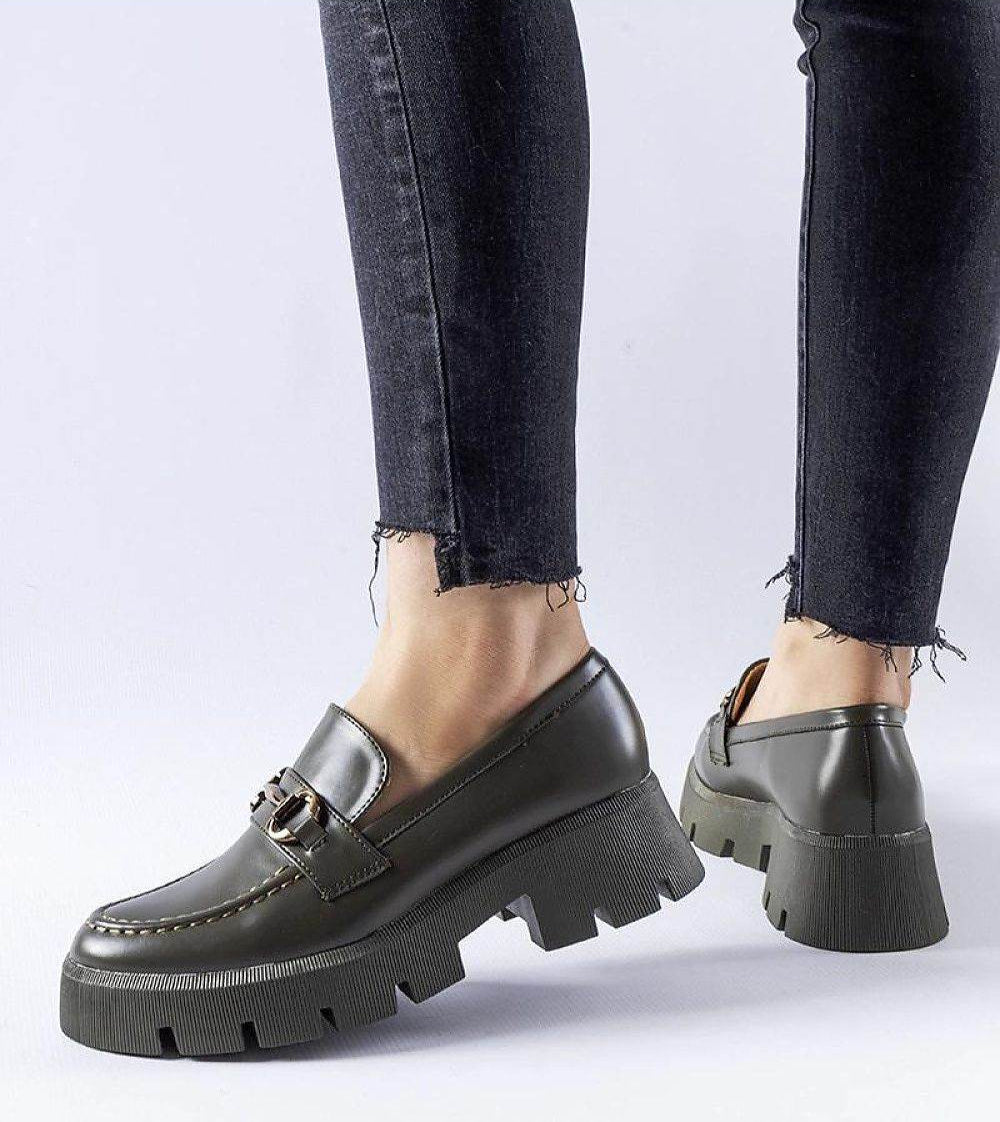 Green Eco-Leather Moccasins with Decorative Buckle - INDIEZ COUTURE