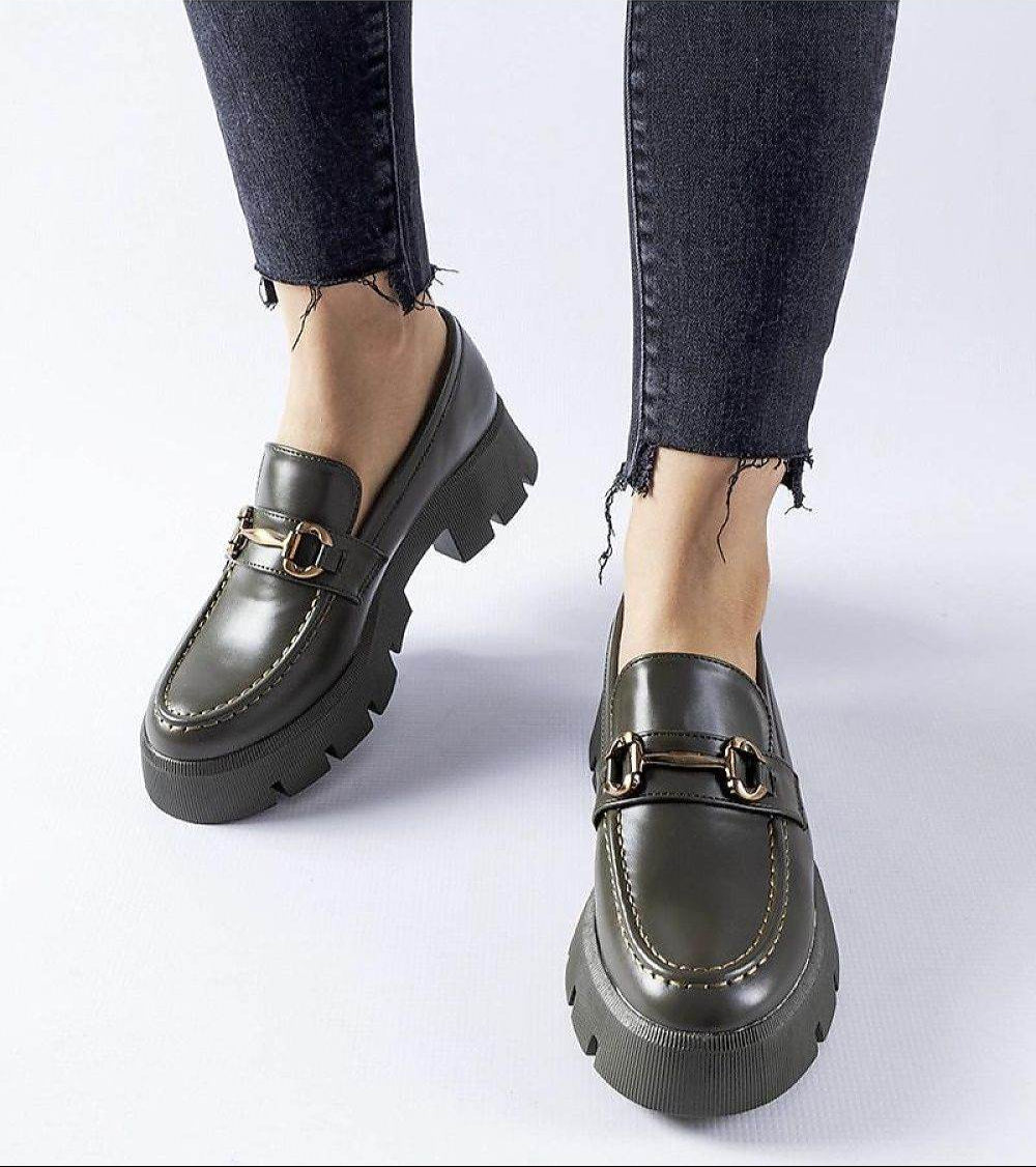 Green Eco-Leather Moccasins with Decorative Buckle - INDIEZ COUTURE