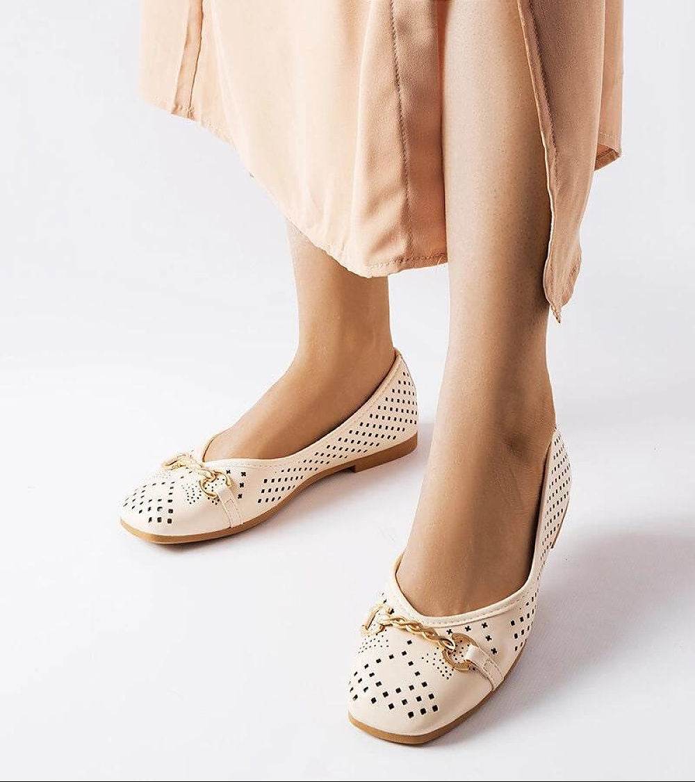Elegant Beige Ballerinas with Lacy Design - INDIEZ COUTURE